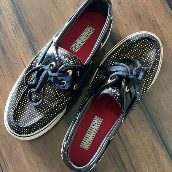 Sperry Top-Sider Angelfish Black And Gold Polkadot Red Interior Size 6 - Picture 3 of 10